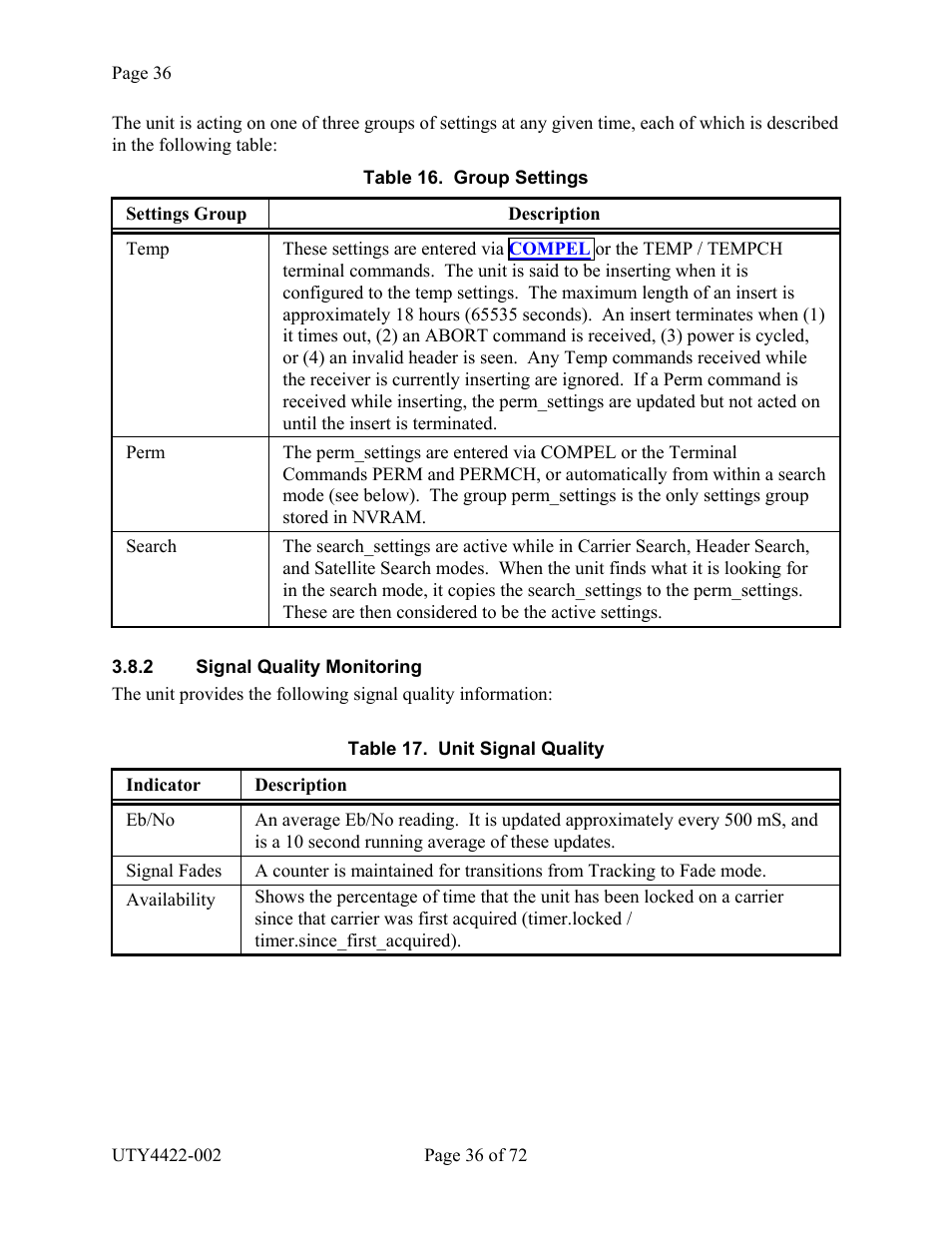 Signal quality monitoring, Ignal, Uality | Onitoring, Able, Roup, Ettings | Wegener Communications 4422 User Manual | Page 36 / 72