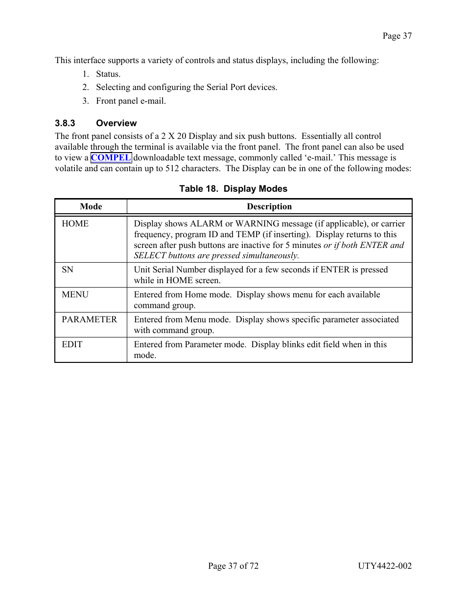 Overview, Verview, Able | Isplay, Odes | Wegener Communications 4422 User Manual | Page 37 / 72