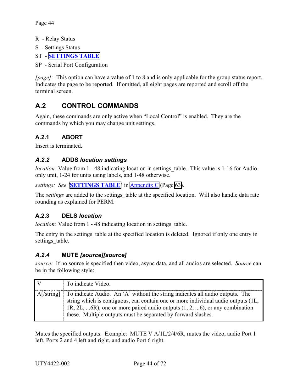 Control commands, Abort, Adds location settings | Dels location, Mute [source][source, A.2 control commands, A.2.1 abort a.2.2 adds, Location settings, A.2.3 dels, Location | Wegener Communications 4422 User Manual | Page 44 / 72