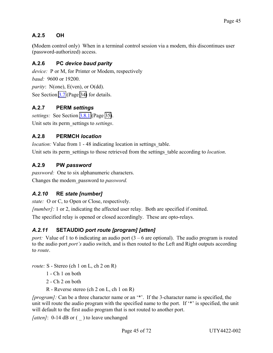 Pc device baud parity, Perm settings, Permch location | Pw password, Re state [number, Setaudio port route [program] [atten, A.2.5 oh a.2.6 pc, Device baud parity, A.2.7 perm, Settings | Wegener Communications 4422 User Manual | Page 45 / 72