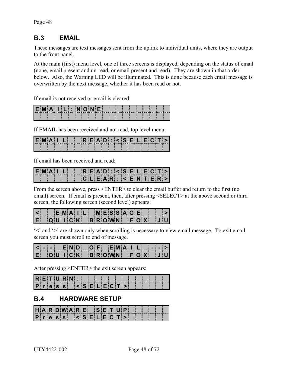 Email, Hardware setup, B.3 email b.4 hardware setup | Wegener Communications 4422 User Manual | Page 48 / 72