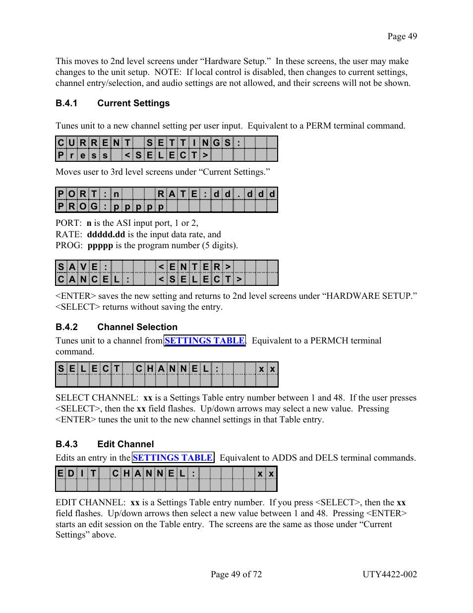 Current settings, Channel selection, Edit channel | B.4.1 c, Urrent, Ettings, B.4.2 c, Hannel, Election, B.4.3 e | Wegener Communications 4422 User Manual | Page 49 / 72