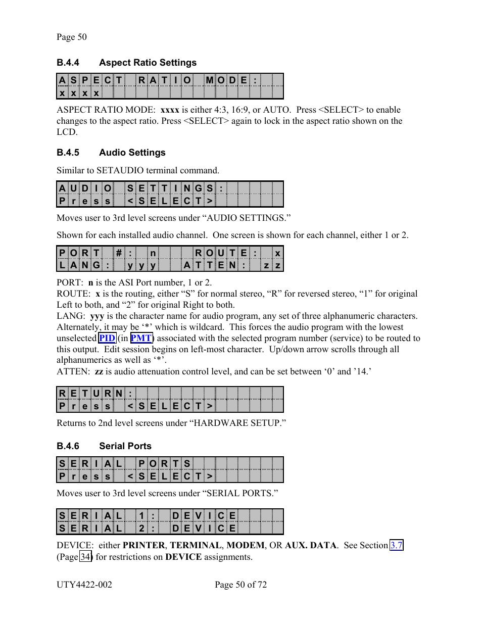 Aspect ratio settings, Serial ports, B.4.4 a | Spect, Atio, Ettings, B.4.5 a, Udio, B.4.6 s, Erial | Wegener Communications 4422 User Manual | Page 50 / 72