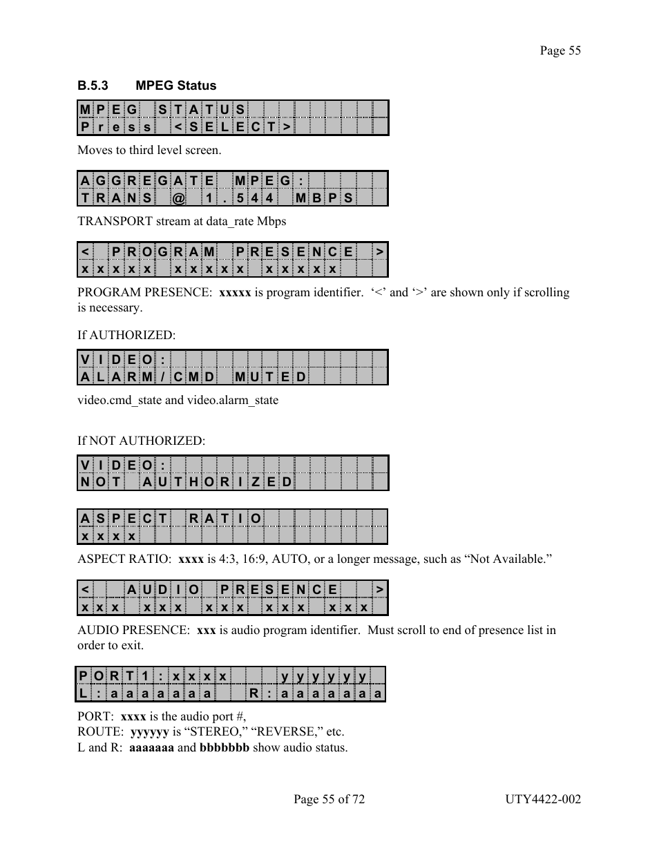 B.5.3 mpeg s, Tatus | Wegener Communications 4422 User Manual | Page 55 / 72