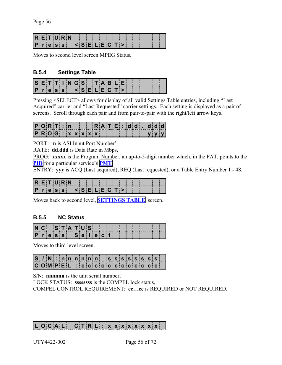 Nc status, B.5.4 s, Ettings | Able, B.5.5 nc s, Tatus | Wegener Communications 4422 User Manual | Page 56 / 72