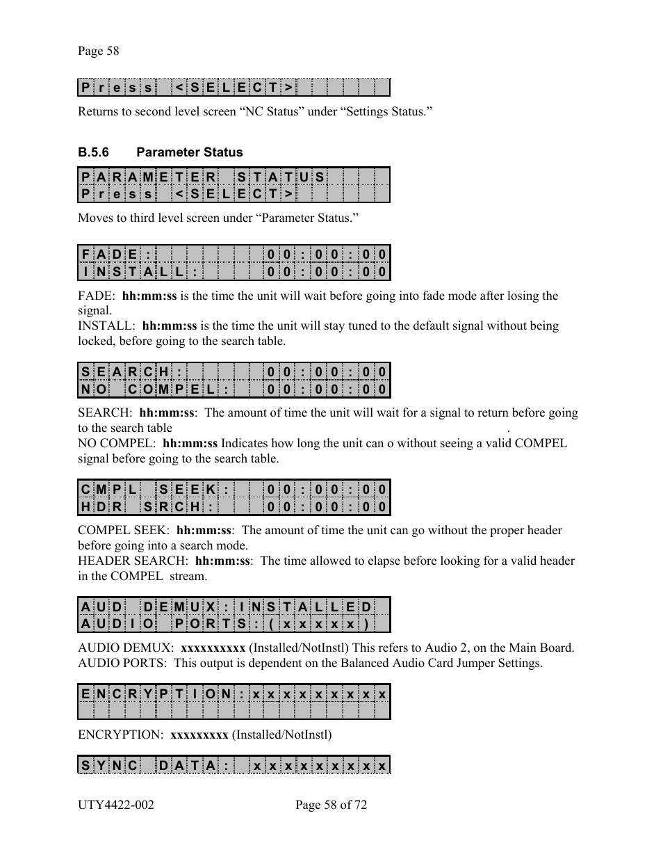 Parameter status, B.5.6 p, Arameter | Tatus | Wegener Communications 4422 User Manual | Page 58 / 72