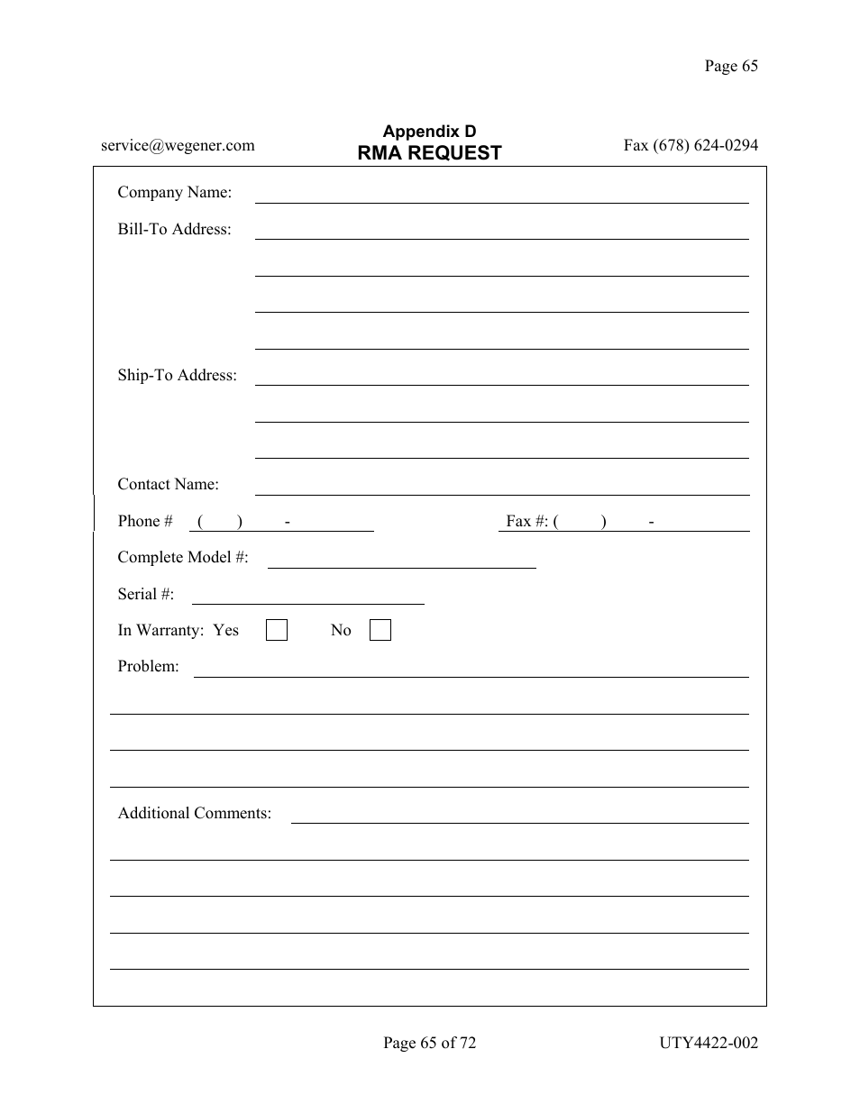 Appendix d rma request | Wegener Communications 4422 User Manual | Page 65 / 72