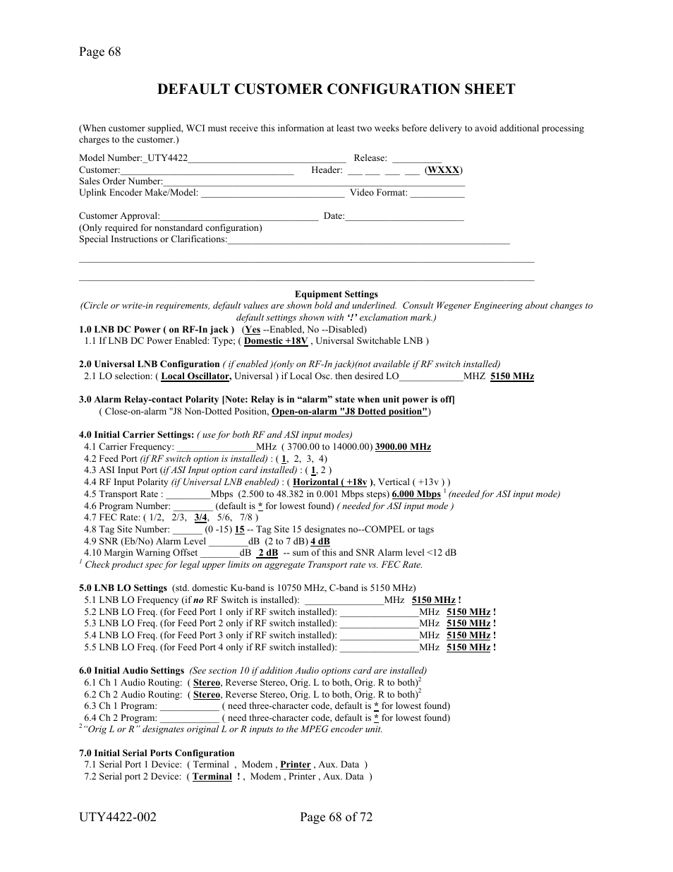 Default customer configuration sheet | Wegener Communications 4422 User Manual | Page 68 / 72