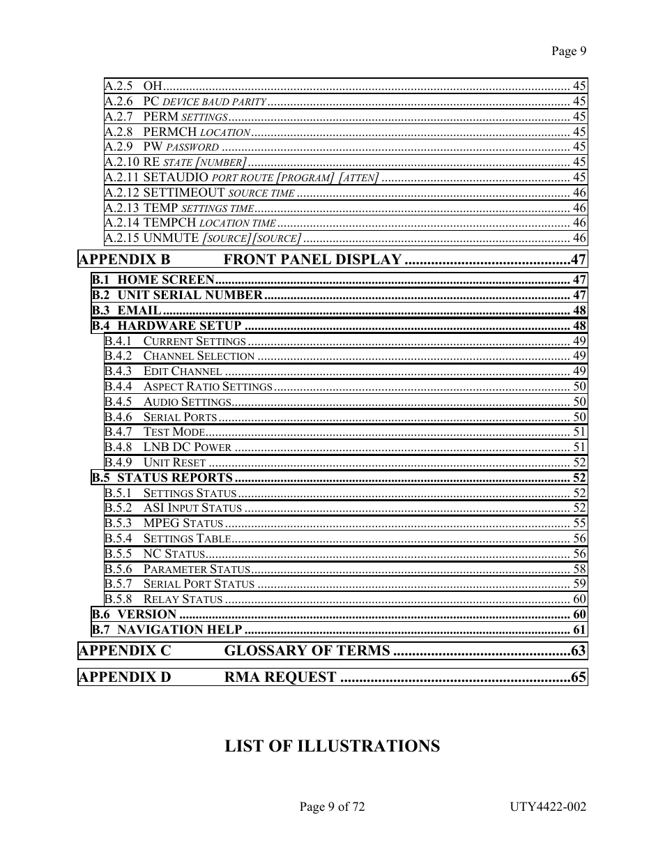 List of illustrations, Appendix b front panel display | Wegener Communications 4422 User Manual | Page 9 / 72