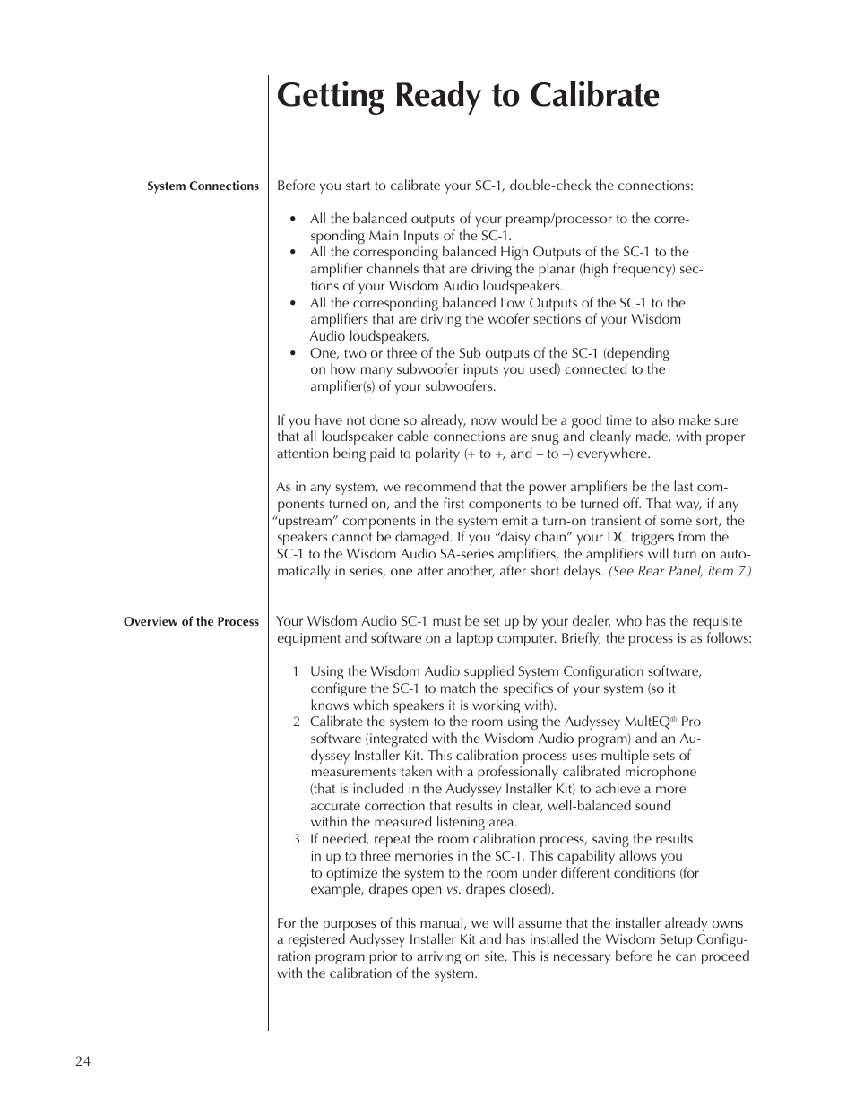 Getting ready to calibrate | Wisdom Audio Wisdom & Sage Series SC-1 User Manual | Page 24 / 52