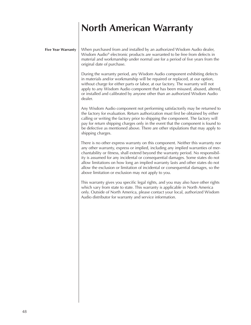 North american warranty | Wisdom Audio Wisdom & Sage Series SC-1 User Manual | Page 48 / 52