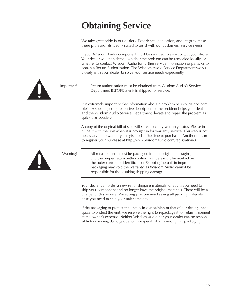 Obtaining service | Wisdom Audio Wisdom & Sage Series SC-1 User Manual | Page 49 / 52