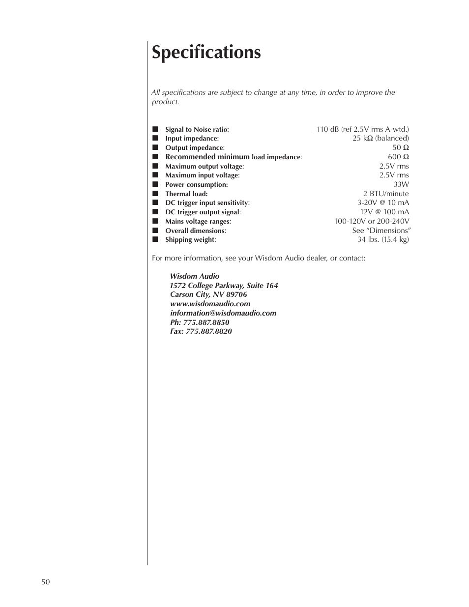 Specifications | Wisdom Audio Wisdom & Sage Series SC-1 User Manual | Page 50 / 52