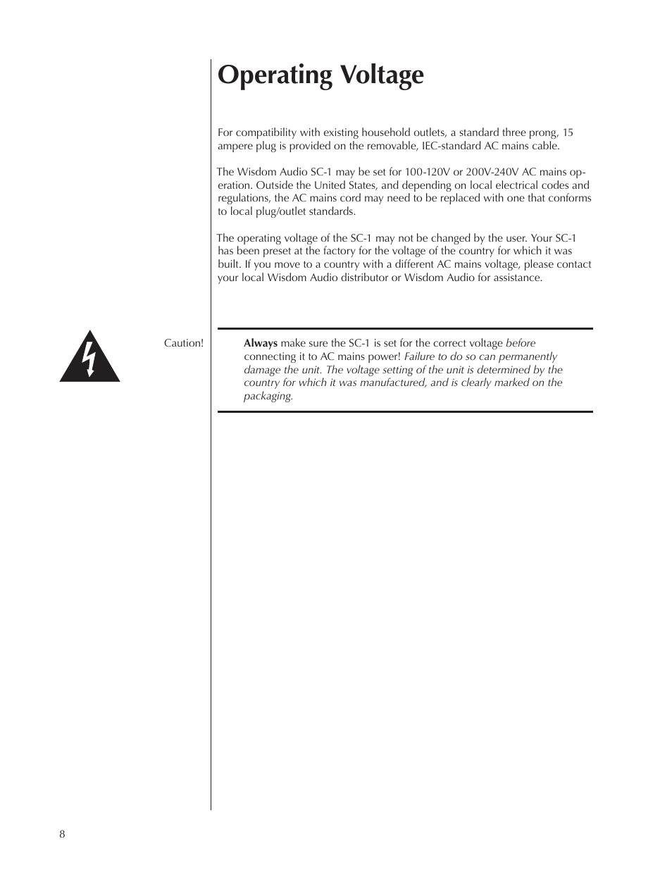 Operating voltage | Wisdom Audio Wisdom & Sage Series SC-1 User Manual | Page 8 / 52