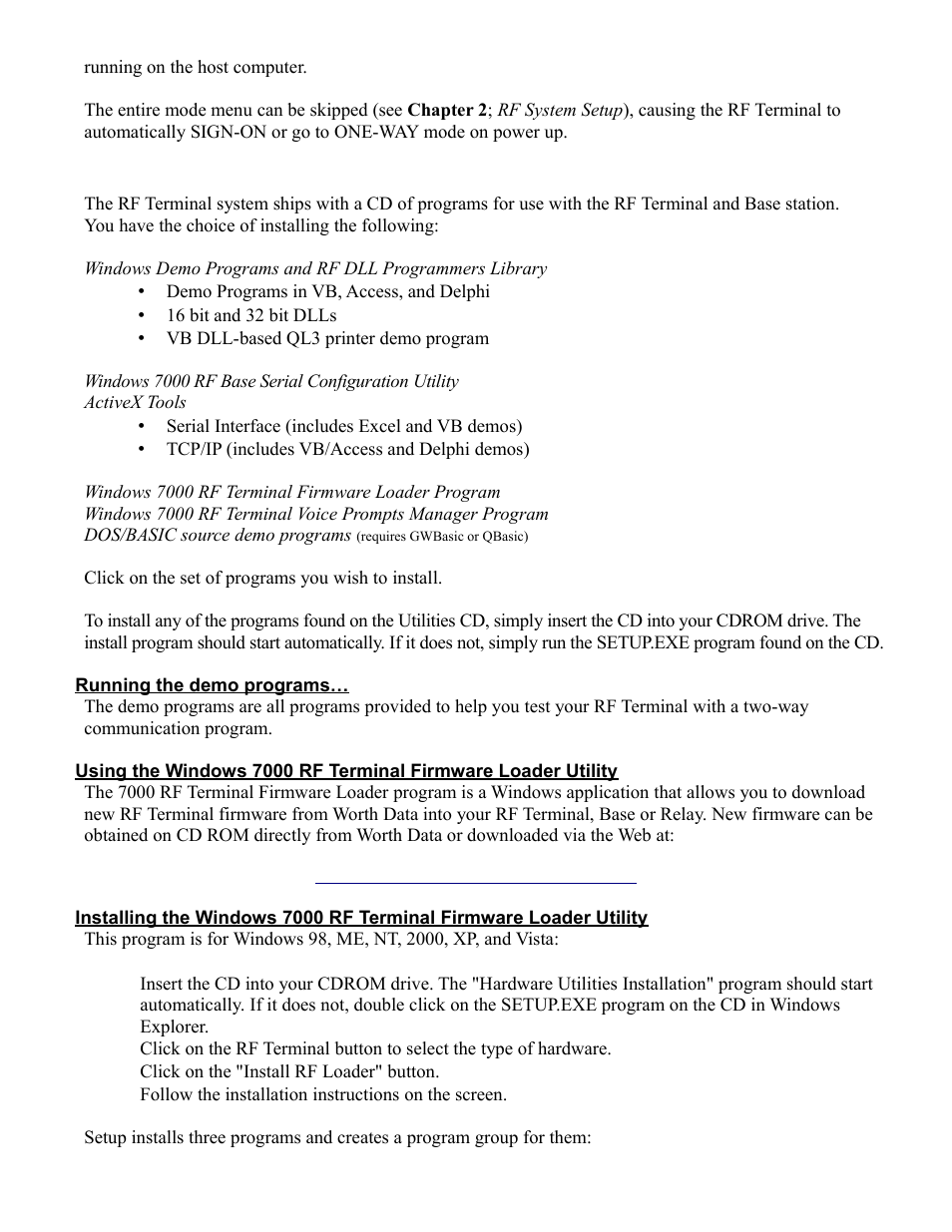 Installing the rf terminal utilities software | Worth Data RF Terminal 7000 User Manual | Page 12 / 103
