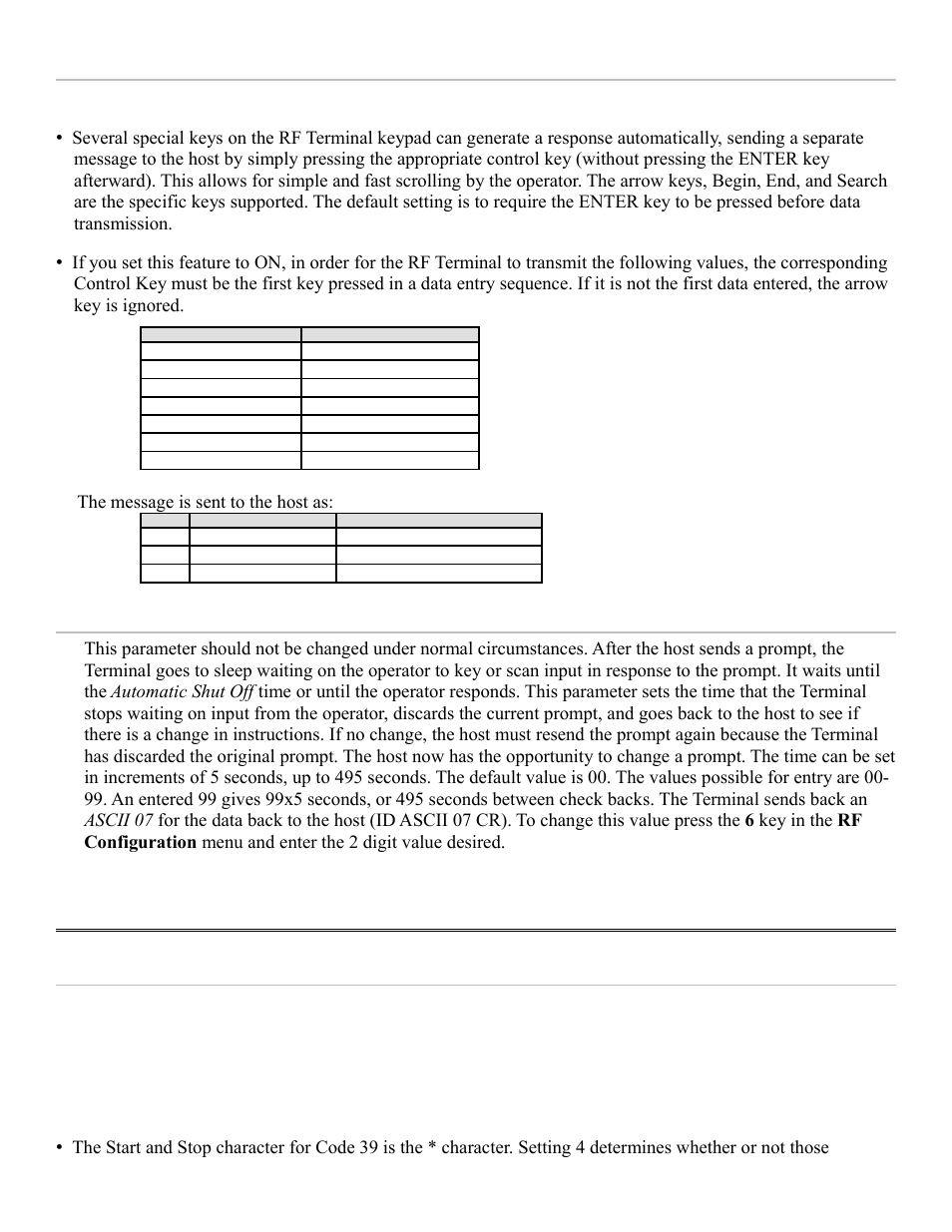 Bar code options, Control keys only, The message is sent to the host as | Code 3 of 9 (code 39) | Worth Data RF Terminal 7000 User Manual | Page 17 / 103