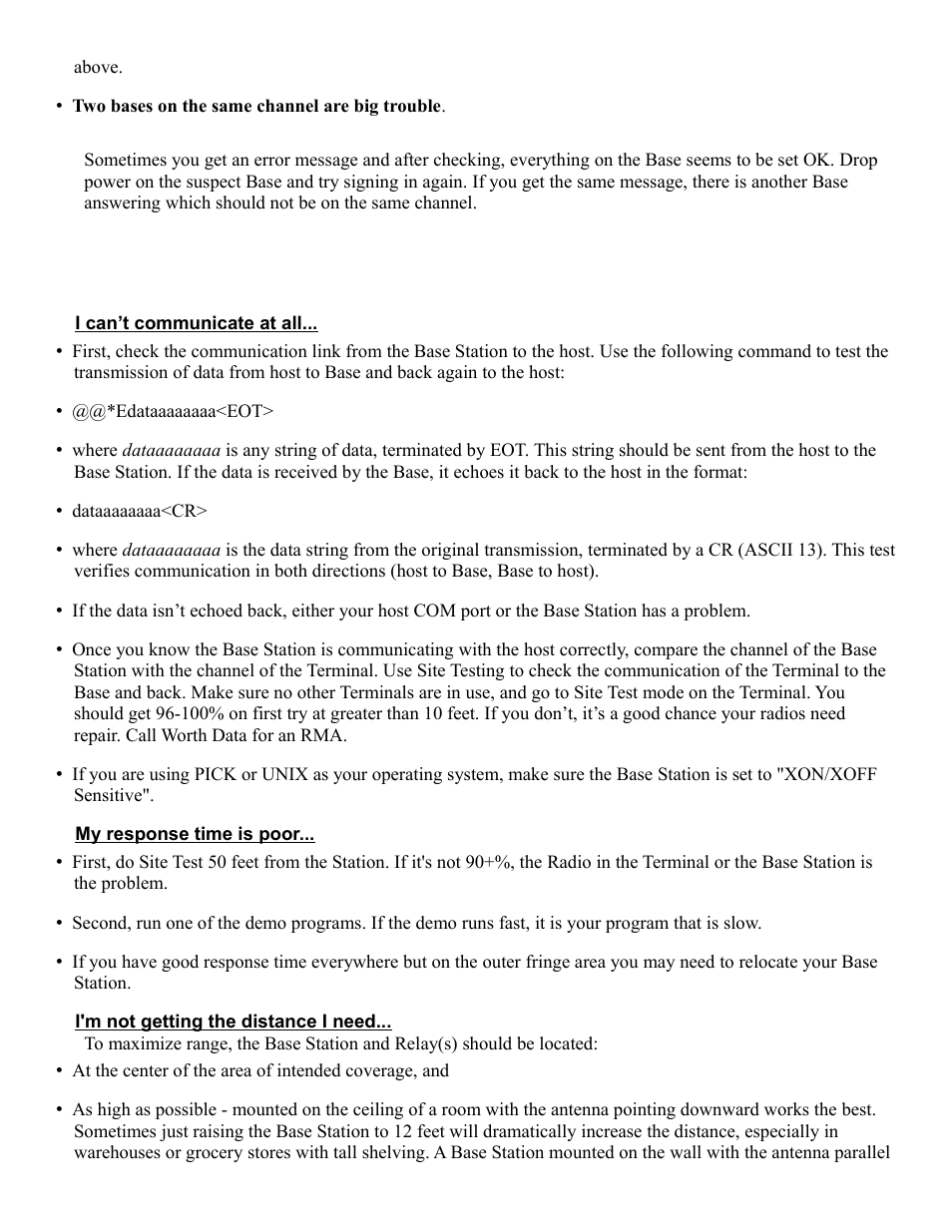 Troubleshooting specific problems | Worth Data RF Terminal 7000 User Manual | Page 74 / 103