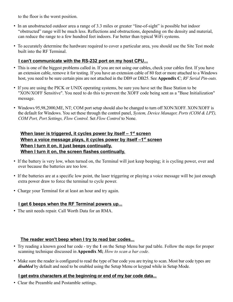 Rf terminal problems, Problems reading bar codes | Worth Data RF Terminal 7000 User Manual | Page 75 / 103