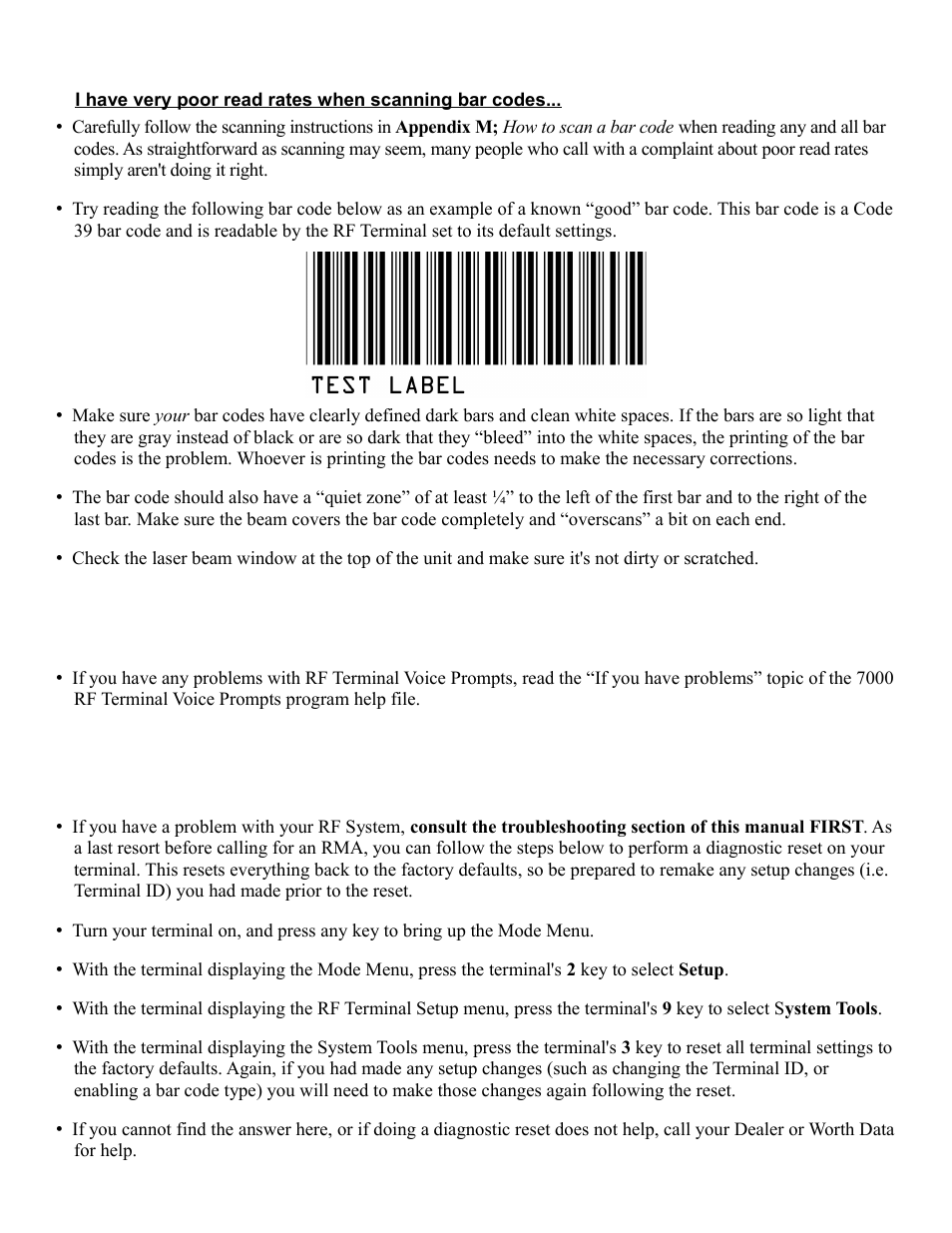 Problems with voice prompts, If you still have a problem | Worth Data RF Terminal 7000 User Manual | Page 76 / 103