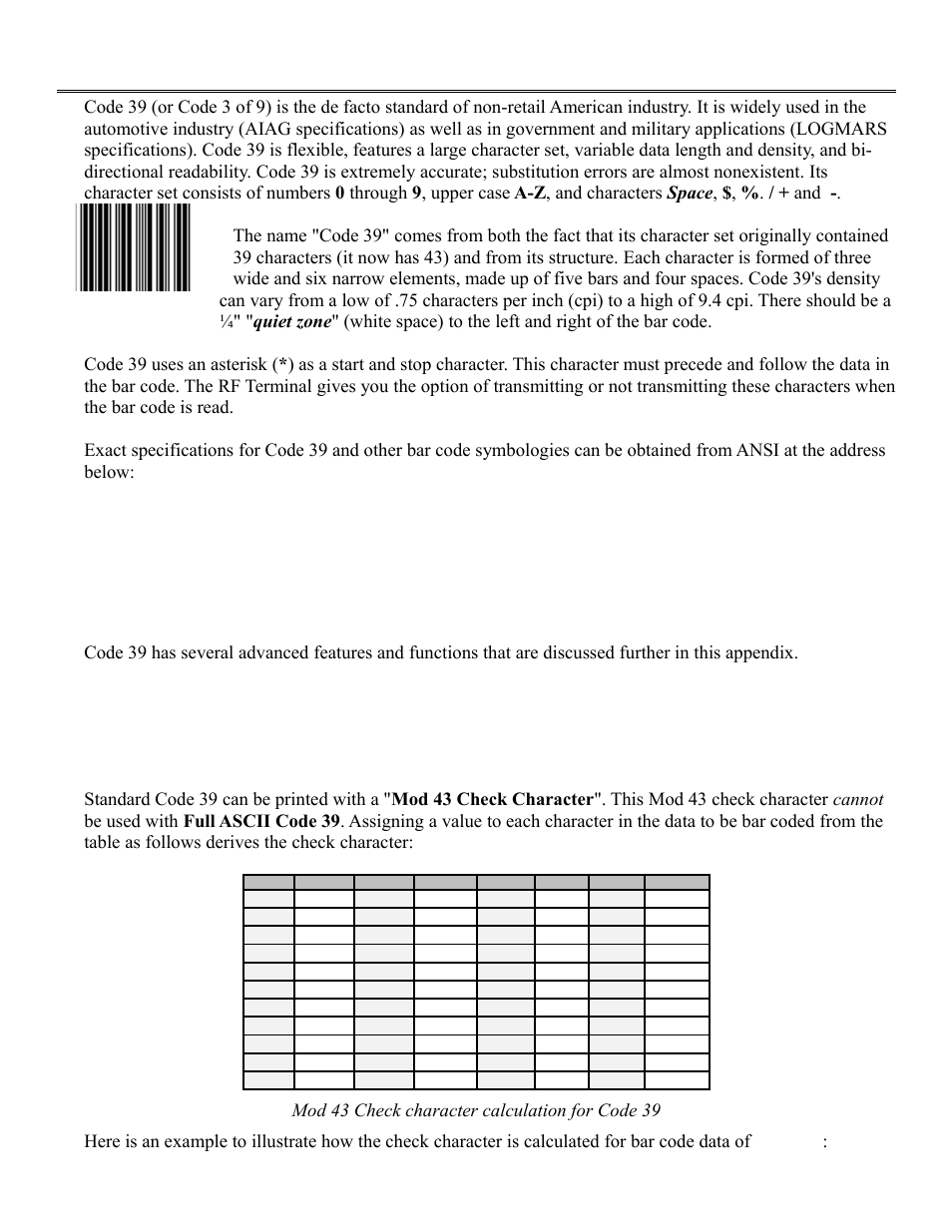 Code 39 specifications, Code 39 advanced features and functions | Worth Data RF Terminal 7000 User Manual | Page 87 / 103