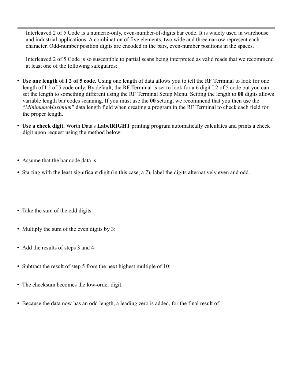 Interleaved 2 of 5 code specifications | Worth Data RF Terminal 7000 User Manual | Page 94 / 103