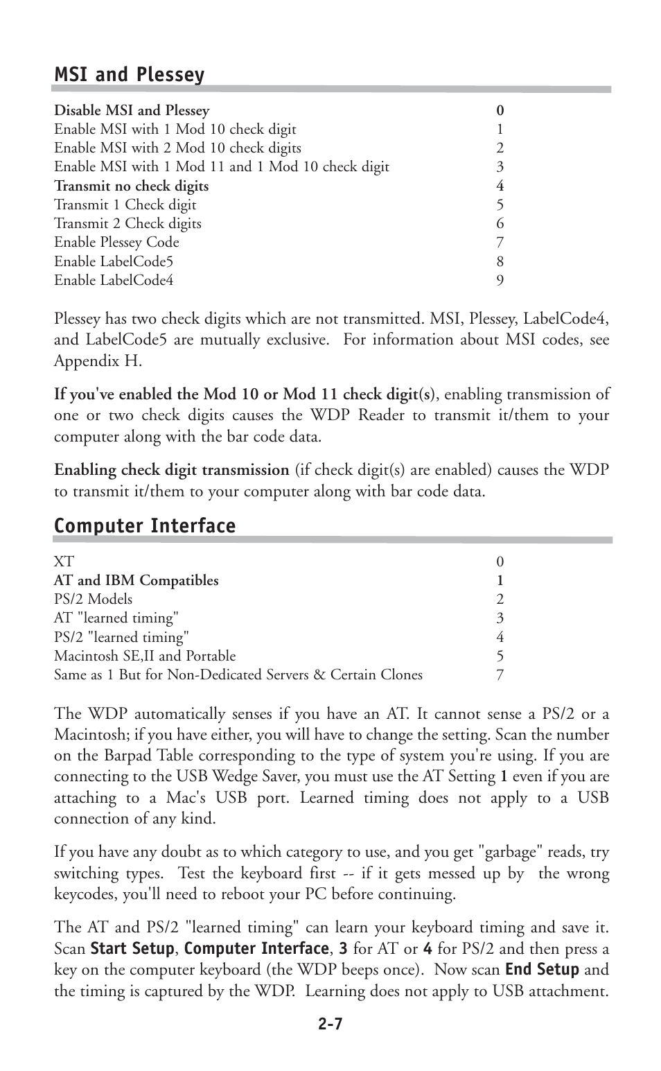 Msi and plessey, Computer interface | Worth Data P11/12 User Manual | Page 13 / 59