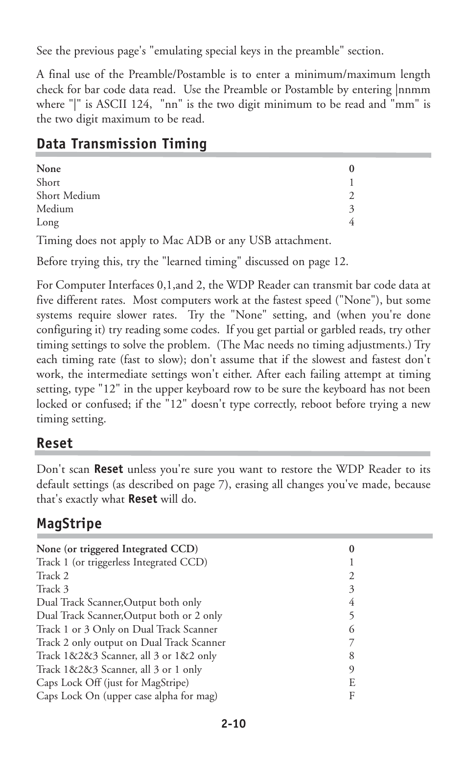 Data transmission timing, Reset, Magstripe | Worth Data P11/12 User Manual | Page 16 / 59