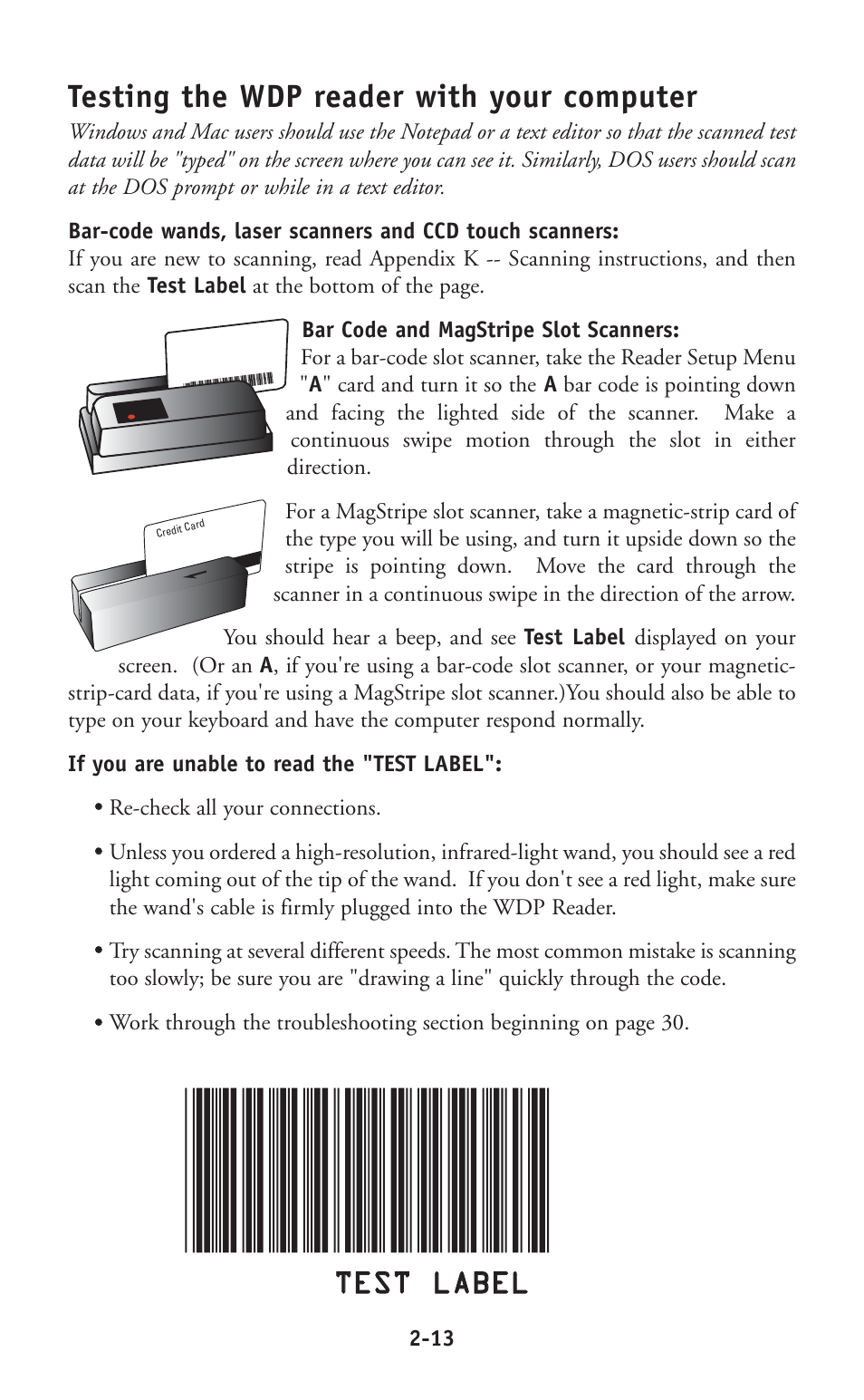 Testing the wdp reader with your computer, Tte es st t l la ab be el l | Worth Data P11/12 User Manual | Page 19 / 59