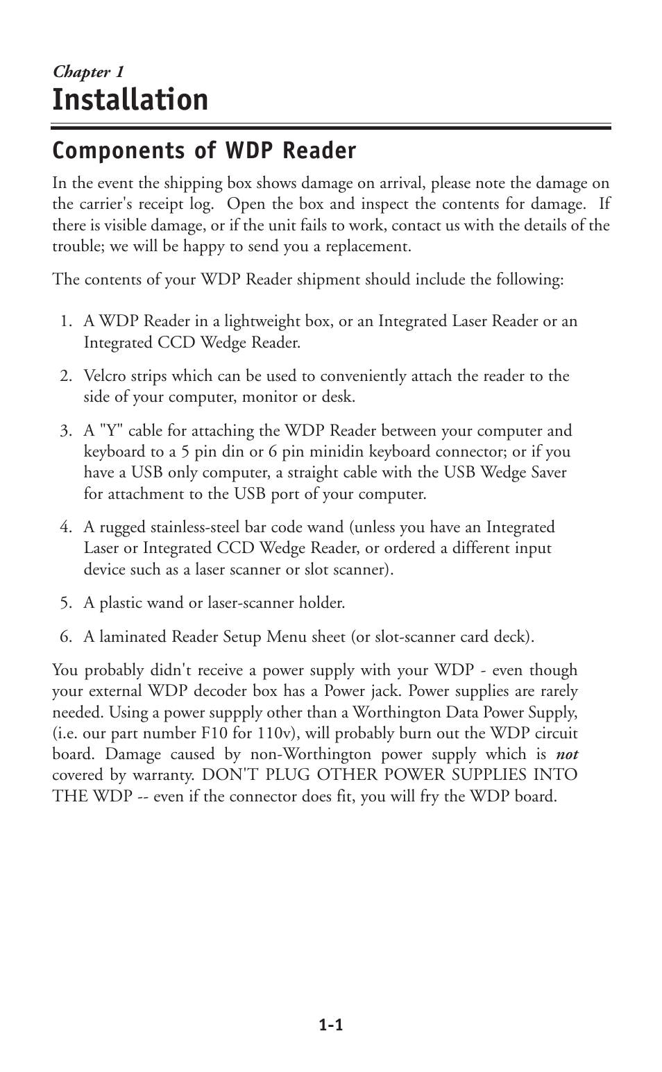 Installation, Components of wdp reader | Worth Data P11/12 User Manual | Page 3 / 59