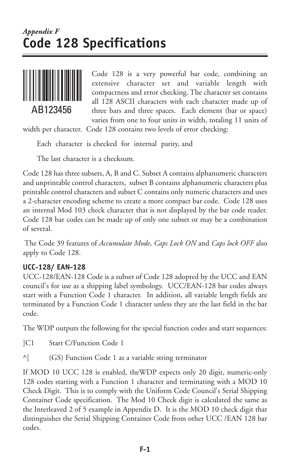 Code 128 specifications | Worth Data P11/12 User Manual | Page 46 / 59