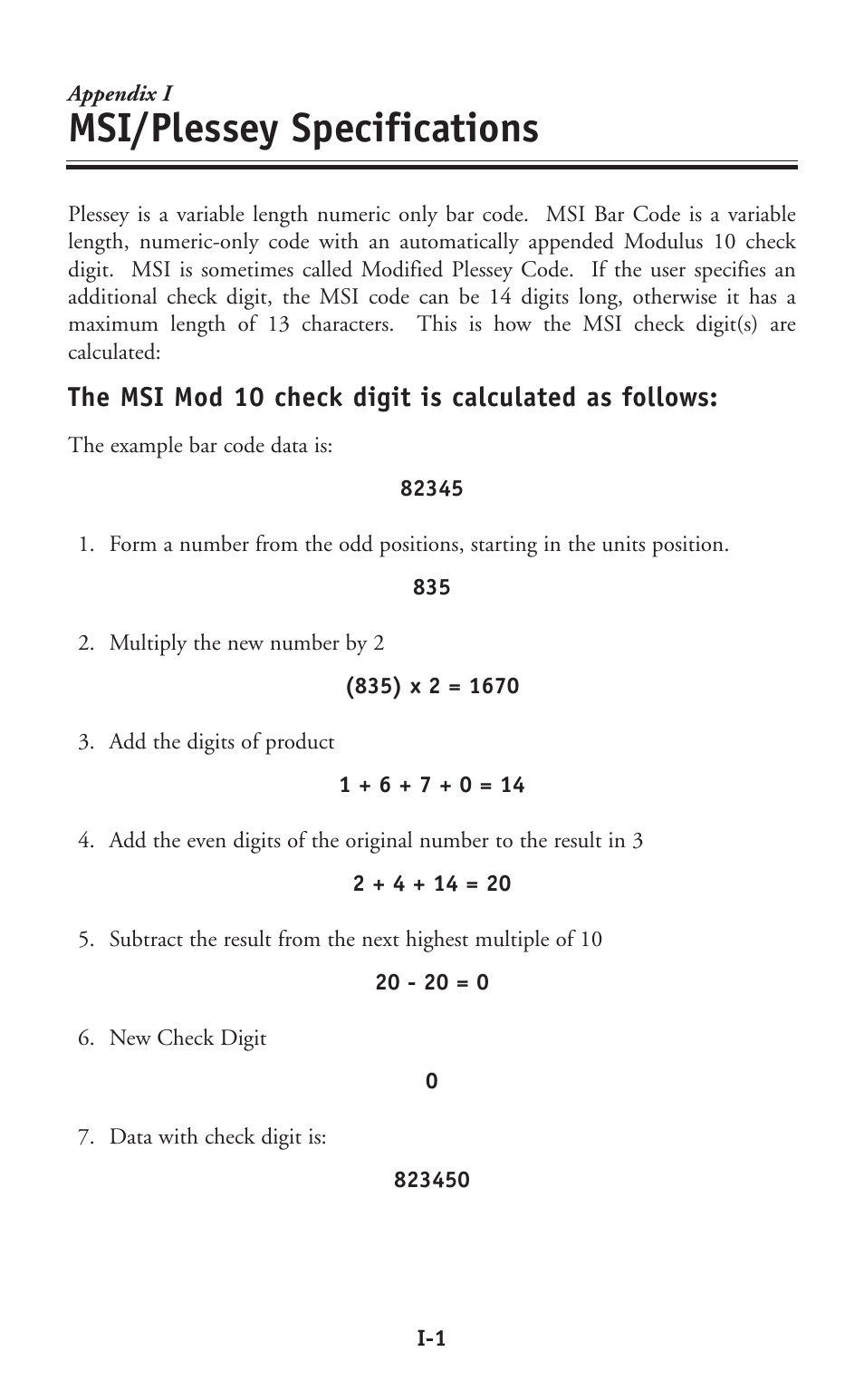 Msi/plessey specifications | Worth Data P11/12 User Manual | Page 54 / 59