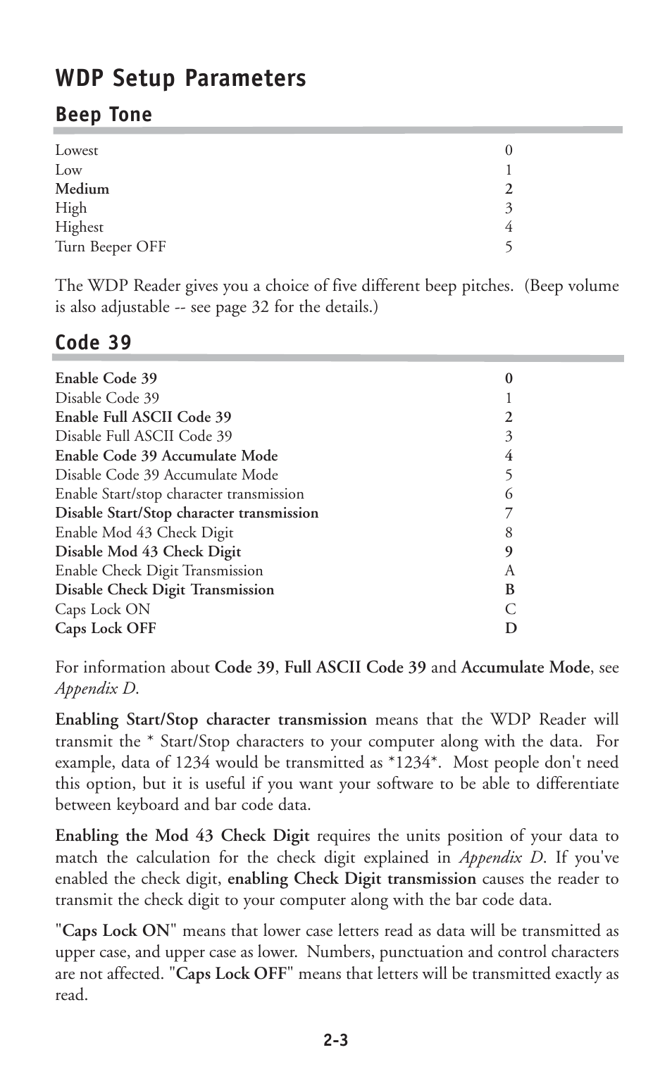 Wdp setup parameters, Beep tone, Code 39 | Worth Data P11/12 User Manual | Page 9 / 59