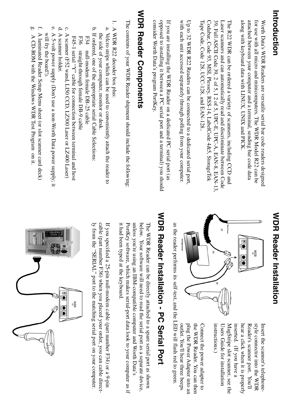 Intr oduction, Wdr reader components, Wdr reader installation | Wdr reader installation - pc serial p o rt | Worth Data Serial Bar Code Reader RS-232 User Manual | Page 2 / 2