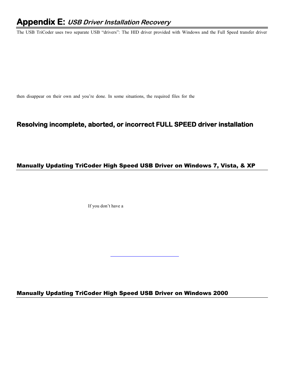 Appendix e: usb driver installation recovery, Appendix e, Usb driver installation recovery | Worth Data 5000 User Manual | Page 105 / 126