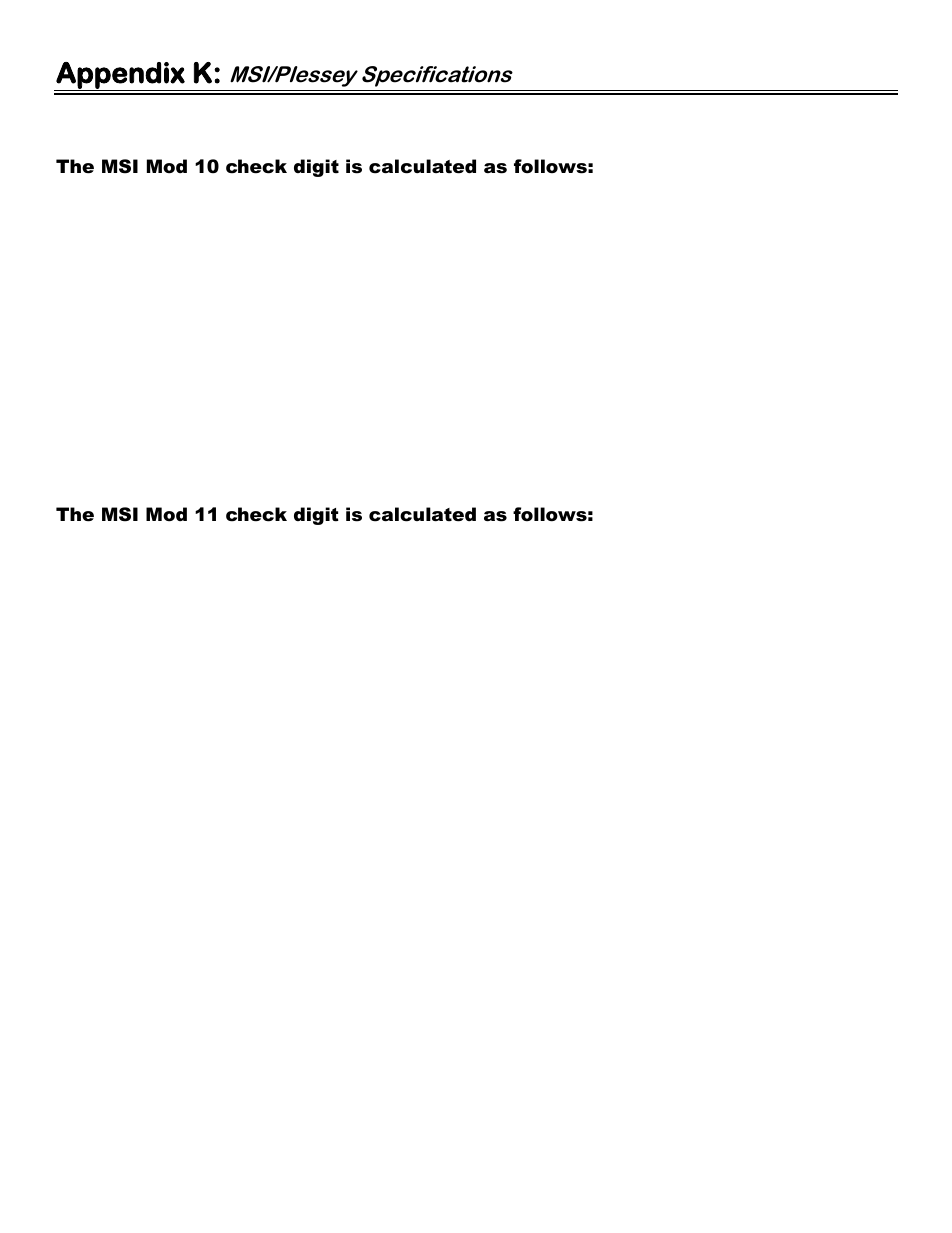 Appendix k: msi/plessey specifications, Appendix k: msi plessey code, Appendix k | Msi/plessey specifications | Worth Data 5000 User Manual | Page 121 / 126