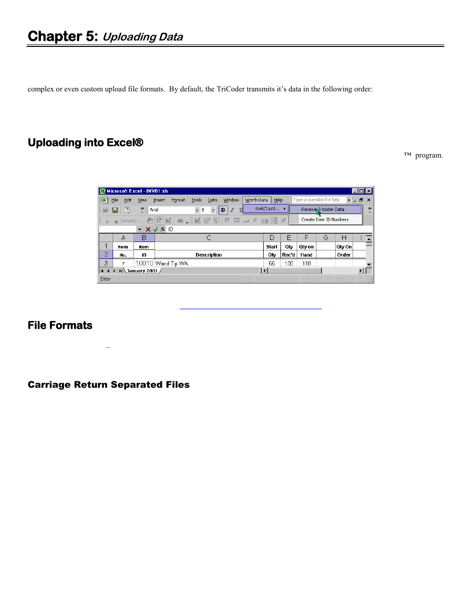 Chapter 5: uploading data, Uploading into excel, File formats | Carriage return separated files, Chapter, 5 ; uploading data, Chapter 5, Uploading data | Worth Data 5000 User Manual | Page 20 / 126