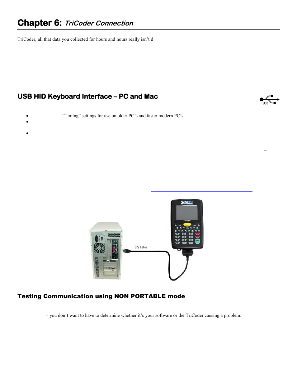 Chapter 6: tricoder connection, Usb hid keyboard interface – pc and mac, Testing communication using non portable mode | Chapter 6, Tricoder connection | Worth Data 5000 User Manual | Page 25 / 126