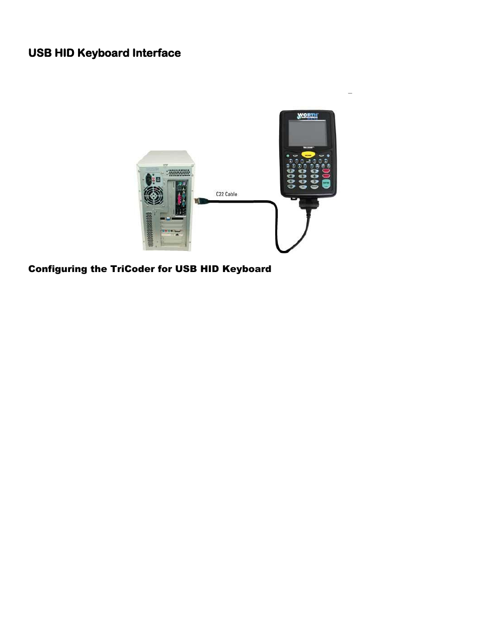 Usb hid keyboard interface, Configuring the tricoder for usb hid keyboard, Using setup mode to change the tricoder setup | Worth Data 5000 User Manual | Page 28 / 126