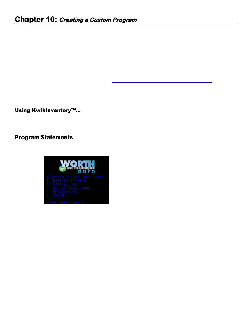 Chapter 10: creating a custom program, Using kwikinventory, Program statements | Chapter 10, Creating a custom program | Worth Data 5000 User Manual | Page 58 / 126