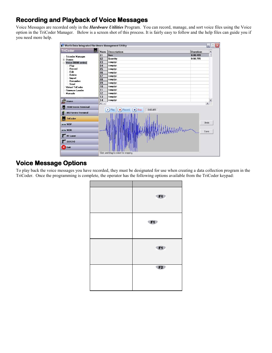 Recording and playback of voice messages, Voice message options | Worth Data 5000 User Manual | Page 80 / 126