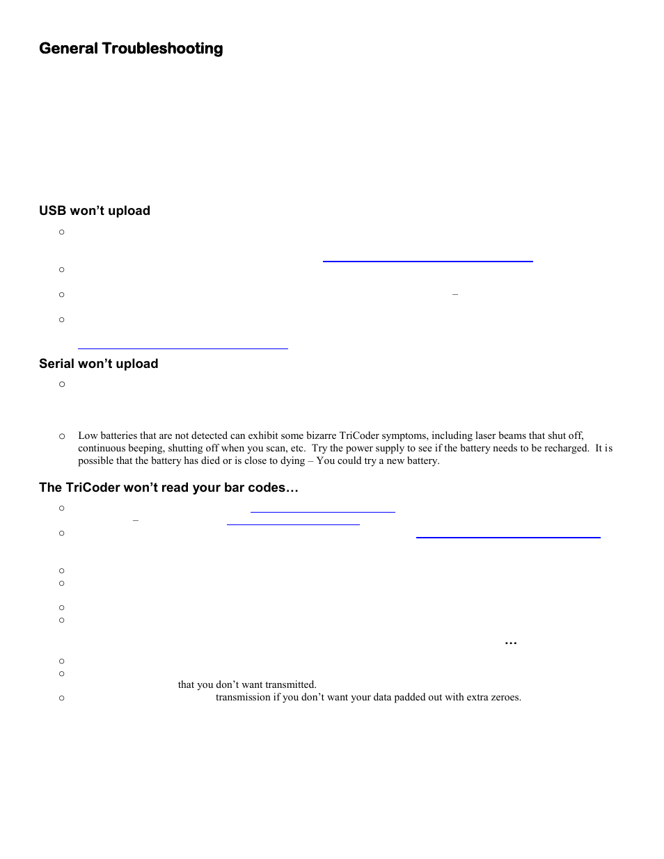 General troubleshooting, Usb won’t upload, Serial won’t upload | The tricoder won’t read your bar codes | Worth Data 5000 User Manual | Page 87 / 126