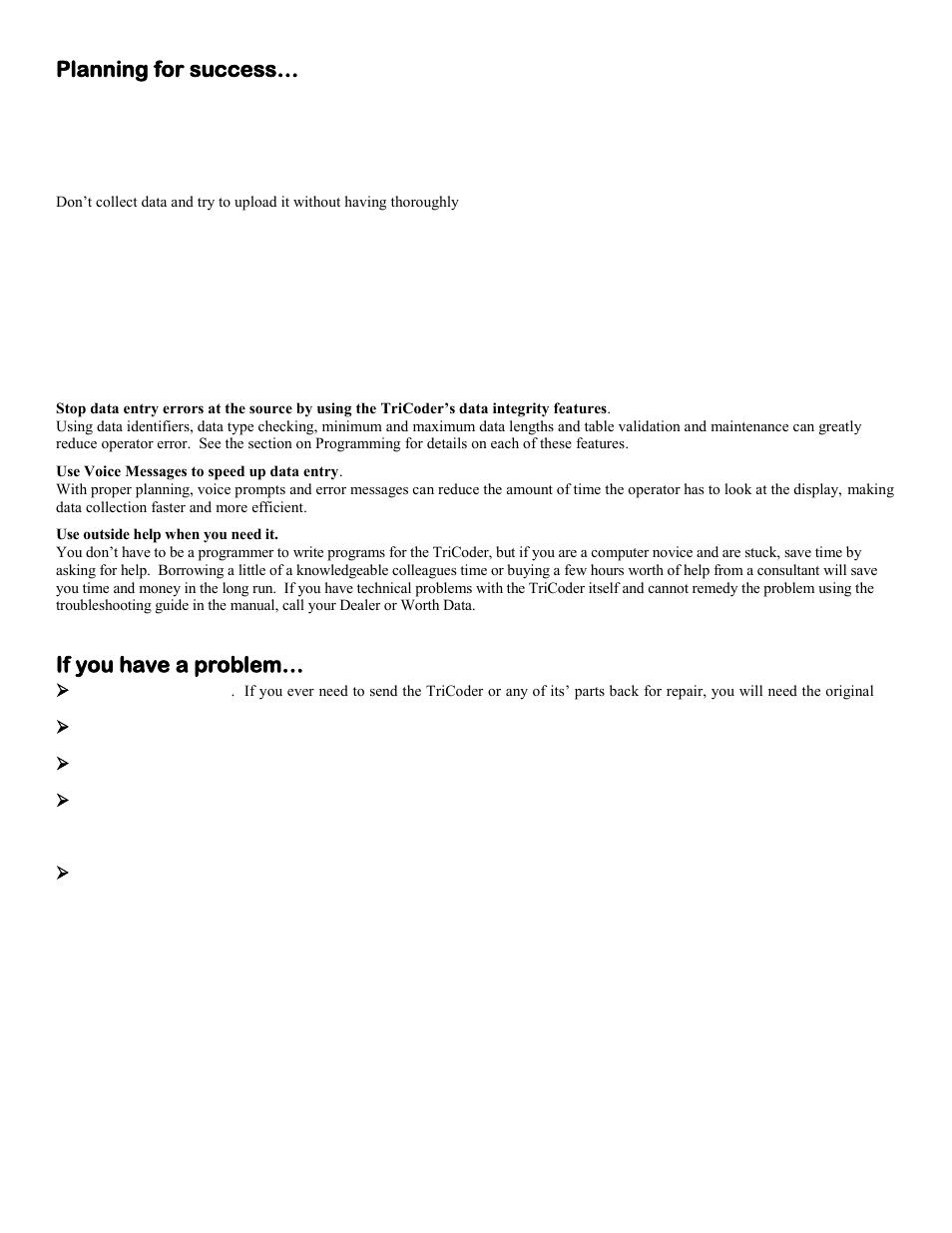 Planning for success, If you have a problem | Worth Data 5000 User Manual | Page 92 / 126