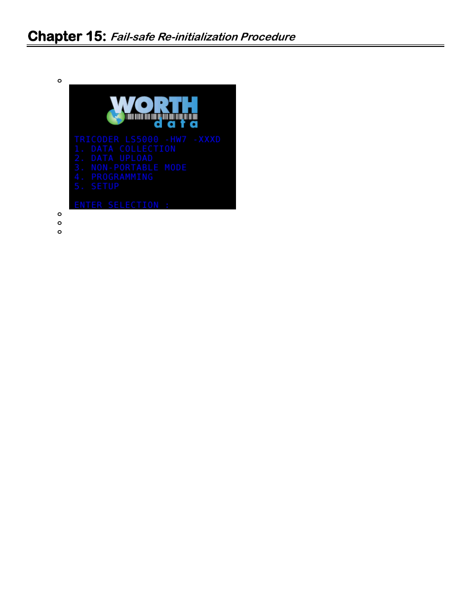 Chapter 15: fail-safe re-initialization procedure, Chapter 15, Fail-safe re-initialization procedure | Worth Data 5000 User Manual | Page 93 / 126