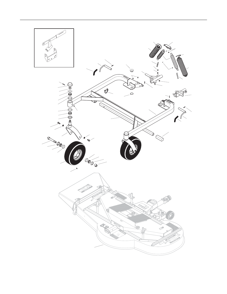 52 inch complete carrier frame assembly (p/n 8811), Spring clip bracket, Cable tie (50# x 7") | Spring cover, Eyebolt (3/8-16 x 2-3/4), Pivot mount, lh/adj, Grease fitting (45 degree), Pivot mount, rh/adj, Extension spring (1-1/2 x 7-3/4), Includes items # 2, f117 & f166) | Walker 56-inch User Manual | Page 27 / 56