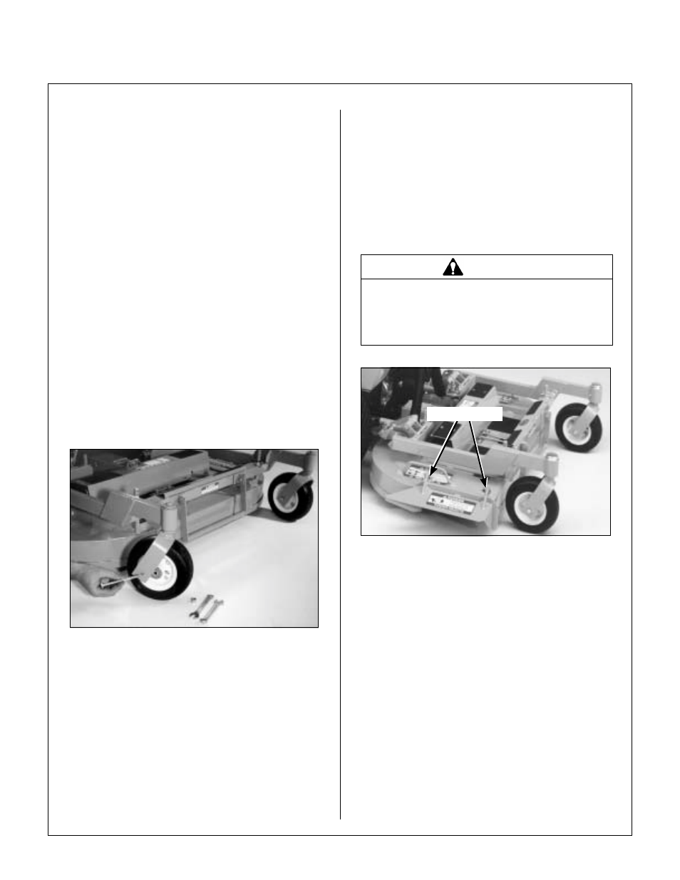 Mower deck assembly, Deck caster wheels installation, Deck caster wheel installation | Deck discharge shield installation, Assembly instructions | Walker MW 15 HP User Manual | Page 19 / 68