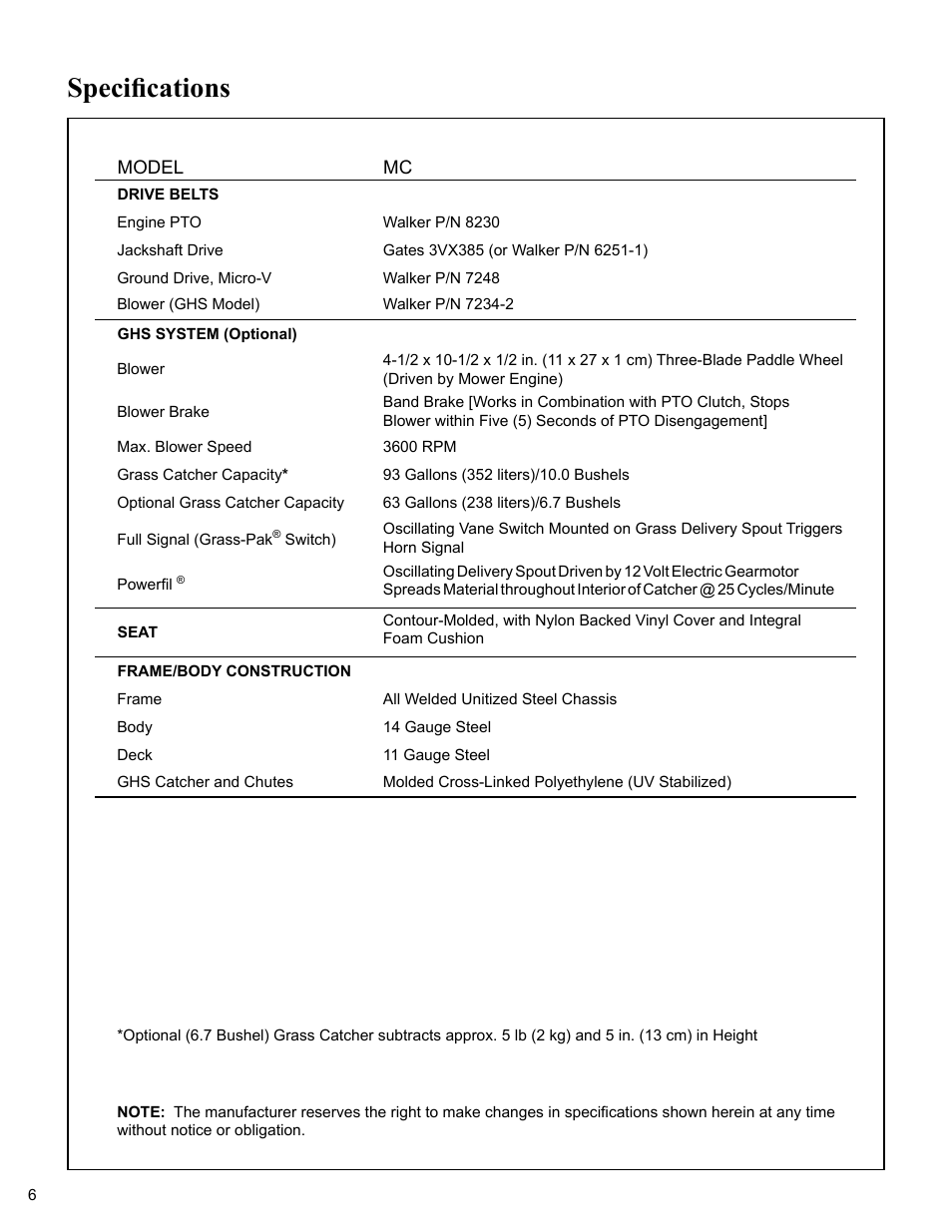 Drive belts, Ghs system (optional), Seat | Frame/body construction, Specifications | Walker MC (20 HP) User Manual | Page 10 / 76