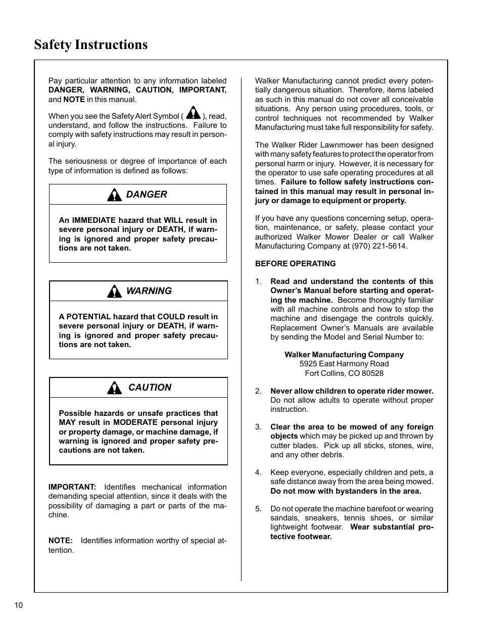 Safety instructions, Before operating | Walker MC (20 HP) User Manual | Page 14 / 76