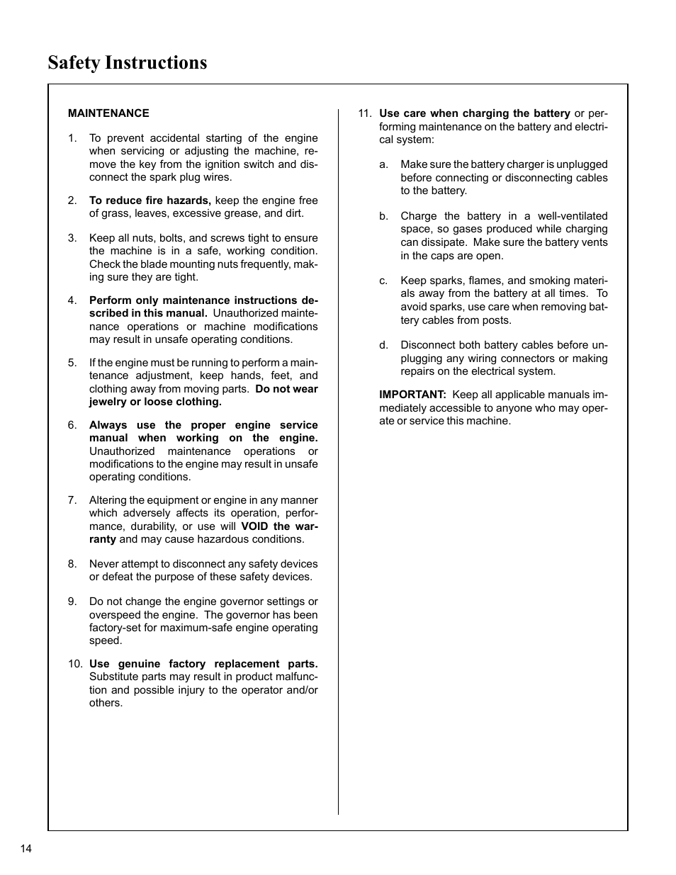 Maintenance, Safety instructions | Walker MC (20 HP) User Manual | Page 18 / 76