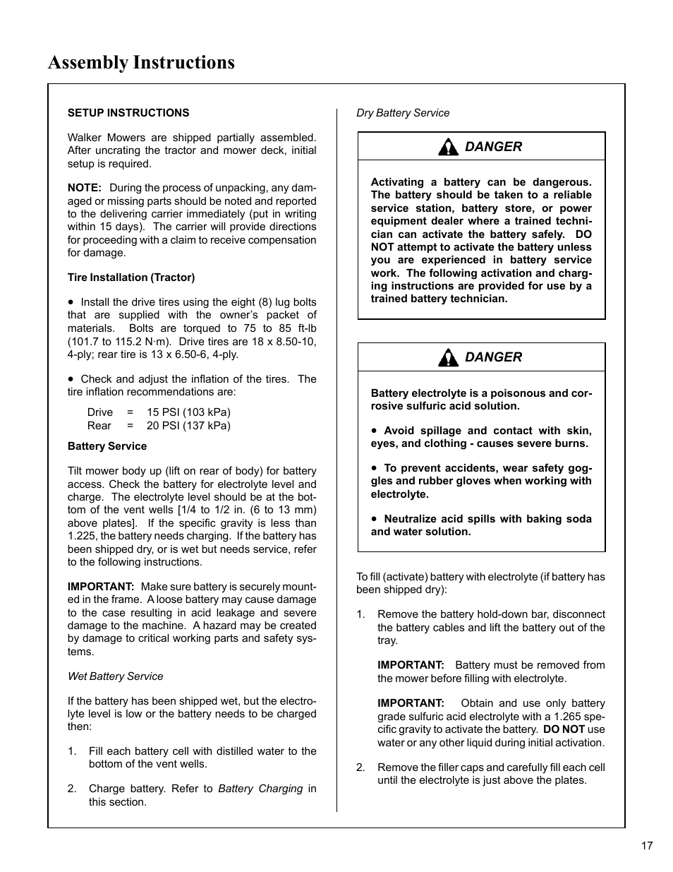 Assembly instructions, Setup instructions, Tire installation (tractor) | Battery service, Wet battery service, Dry battery service | Walker MC (20 HP) User Manual | Page 21 / 76