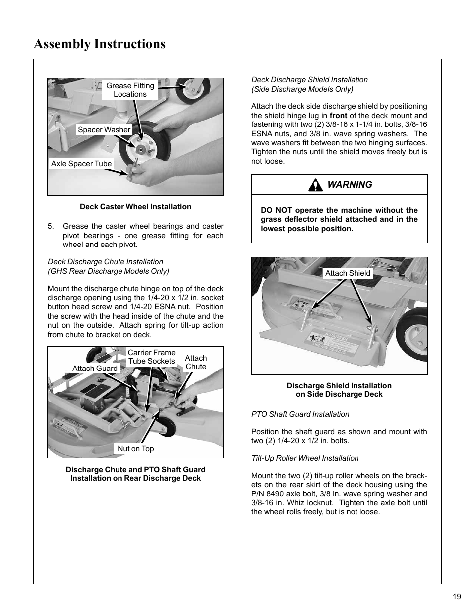 Deck caster wheel installation, Pto shaft guard installation, Tilt-up roller wheel installation | Assembly instructions | Walker MC (20 HP) User Manual | Page 23 / 76